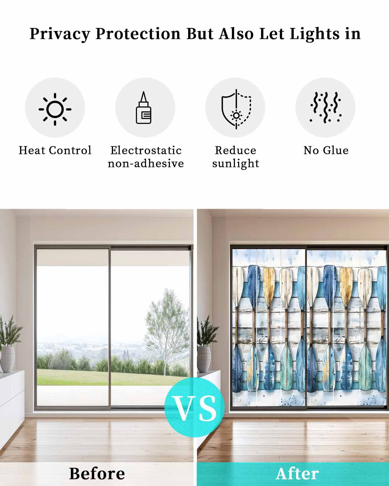 Window Privacy Film Lake Paddle Striped Stained Glass Window Film Decorative Sun Block Window Cover Watercolor Vintage Wood Grain Window Clings Static Adhesive Sticker for Bathroom 23.6"x59"