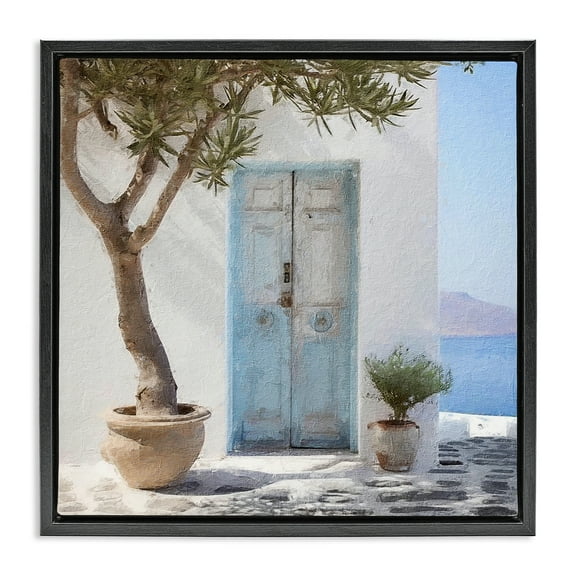 Stupell Industries Coastal Greek Door Town & City Painting Black Floater Framed Canvas Art Print Wall Art, 18 x 18