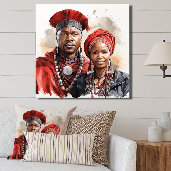 Designart "Himba Couple Portrait with Cultural Elegance in Red" People Wall Art - Global Red African Tribal Bedroom Canvas Wall Art