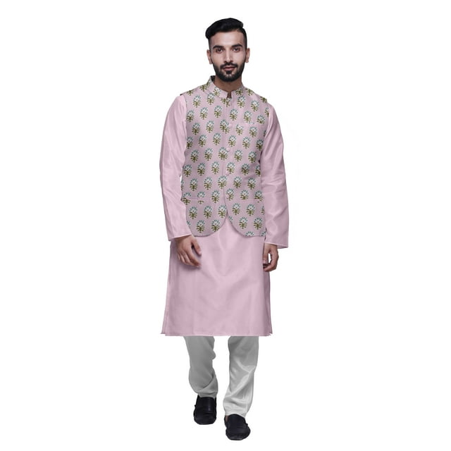 Atasi Pyjama Kurta Col Mandarin Traditionnel Uni avec Veste Imprimée