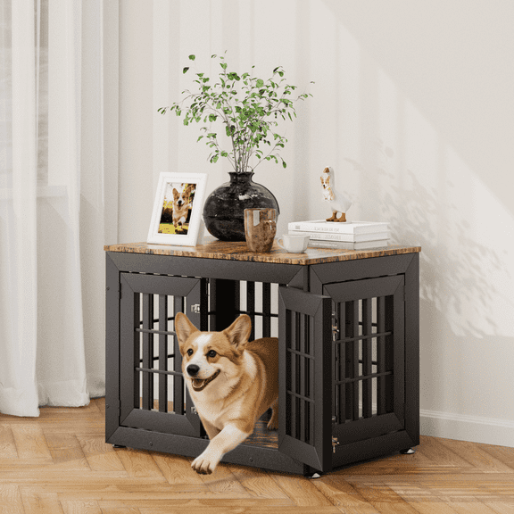 Snuowu 32" Heavy Duty Dog Crate Furniture for Small,Medium and Large Dogs,Rustic Wooden Dog Cage Kennel Indoor Furniture with Waterproof Top,Decorative Pet House Side End Table (Black & Wood)