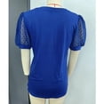 thumbnail image 3 of Camiseta con cuello en V para mujer, mangas cortas abombadas, empalme de encaje, color puro, holgada, camiseta de verano, azul oscuro L, 3 of 3