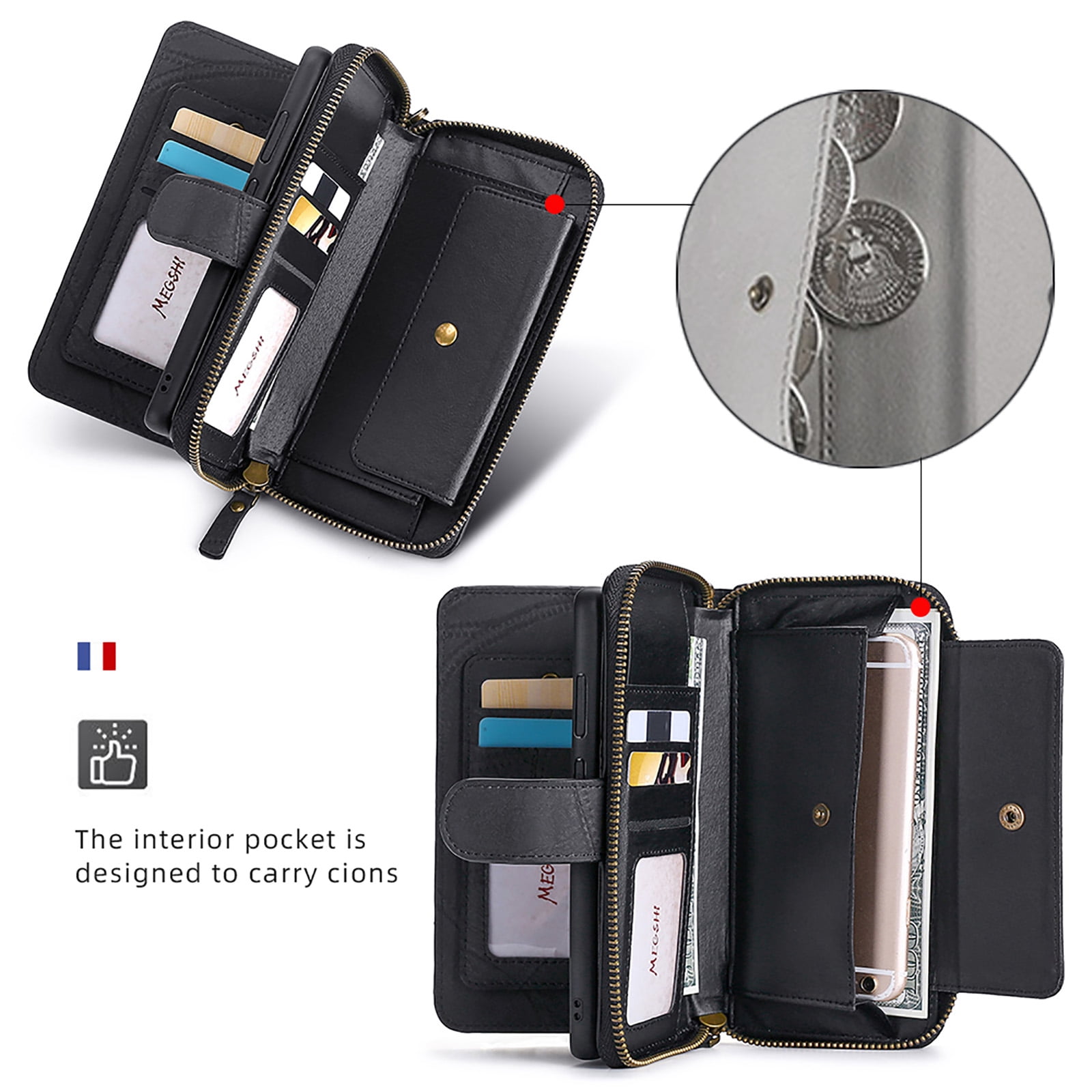 For Samsung Galaxy S25 Ultra Wallet Case with RFID Blocking Credit Card Holder, Detachable Wallet Phone Case Magnetic Closure Flip Kickstand PU Leather Flip Lanyard Strap Wristlet Zipper Purse,Black