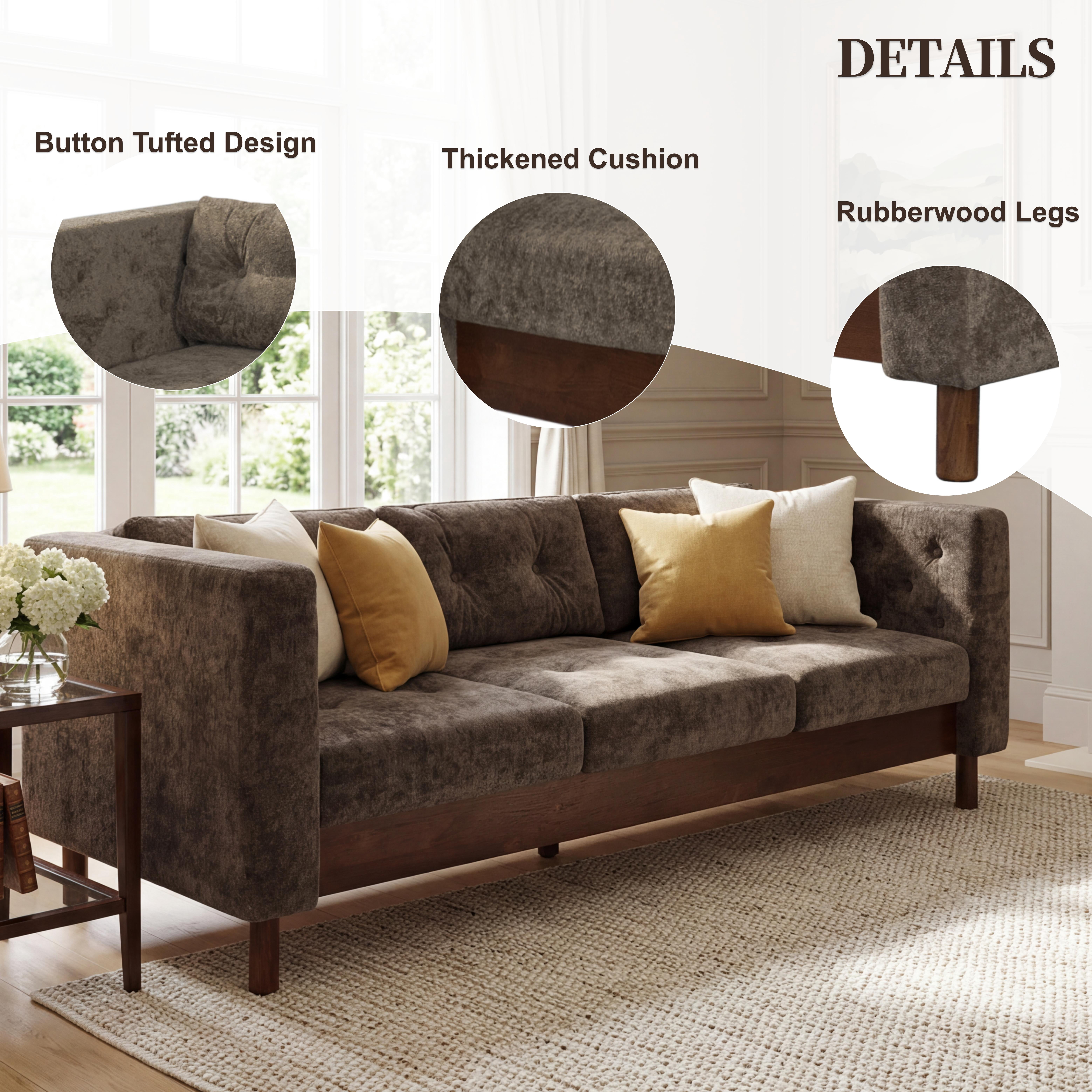 GARITIN 3 Seater Sofa 78 Inch, Chenille Upholstered Couch with Square Arms and Tufted Pillow Back for Living Room Apartment, Brown