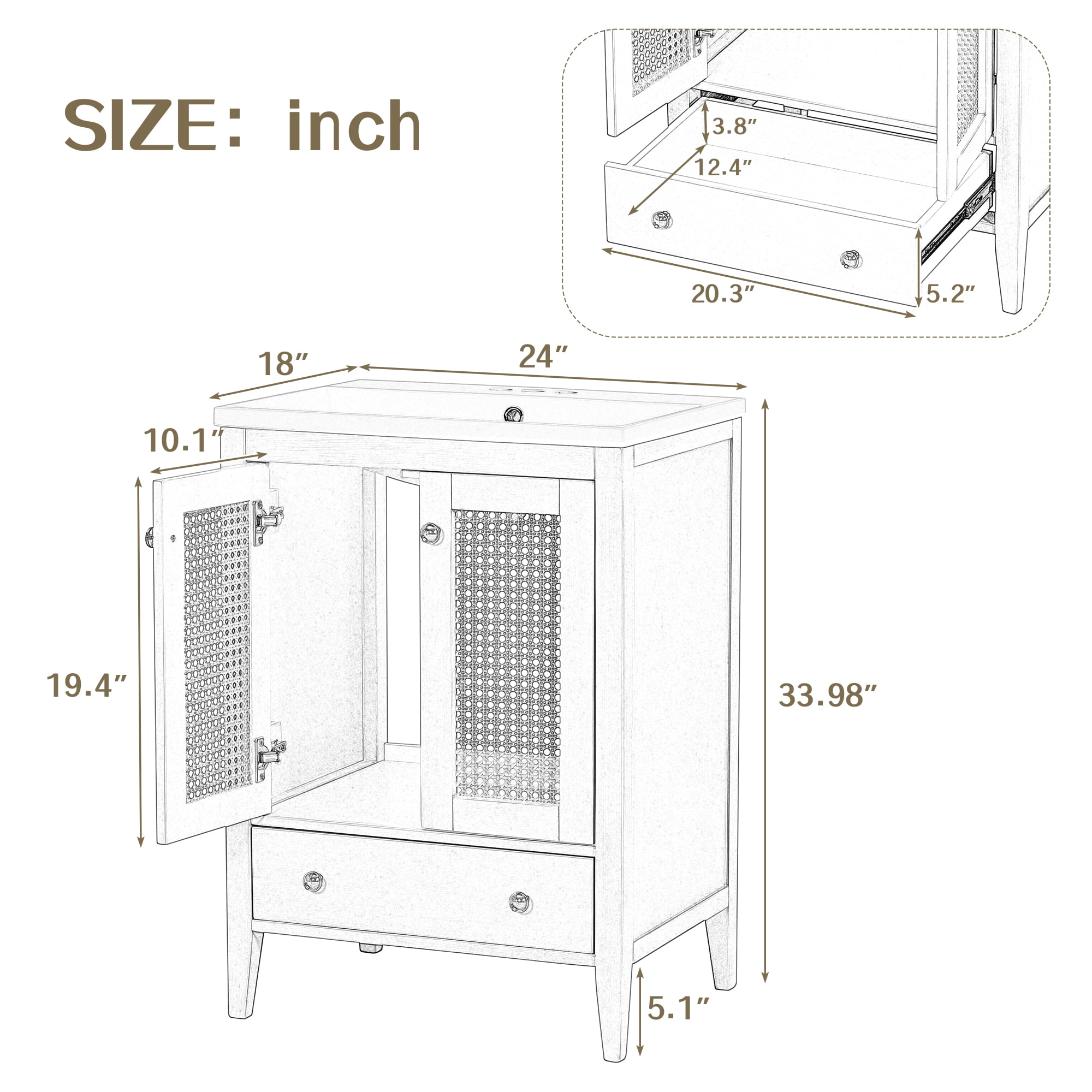 Harper & Bright Designs 24" Bathroom Vanity Sink Combo for Small Space, Natural Rattan Bathroom Storage Cabinet with Two Doors and Drawer, Solid Wood Frame
