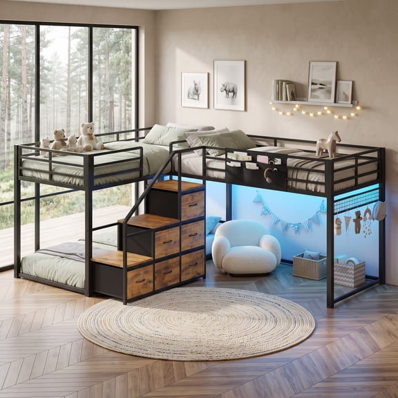 Afuhokles L-Shaped Twin Bunk Bed with Staircase & 6 Storage Drawers, Orange
