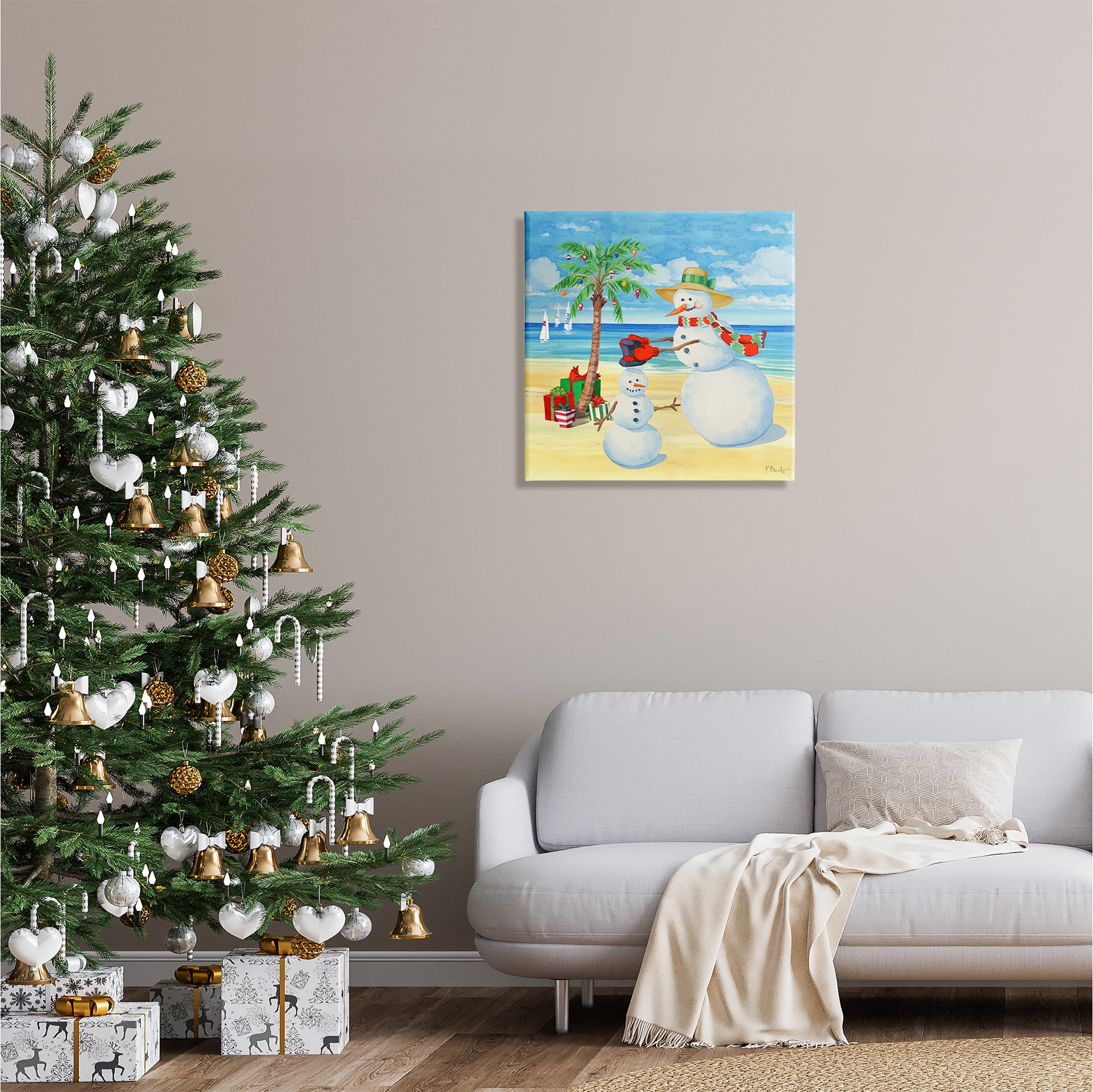 Stupell Industries Festive Snowman Beach Holiday Painting Gallery Wrapped Canvas Print Wall Art, 24 x 24