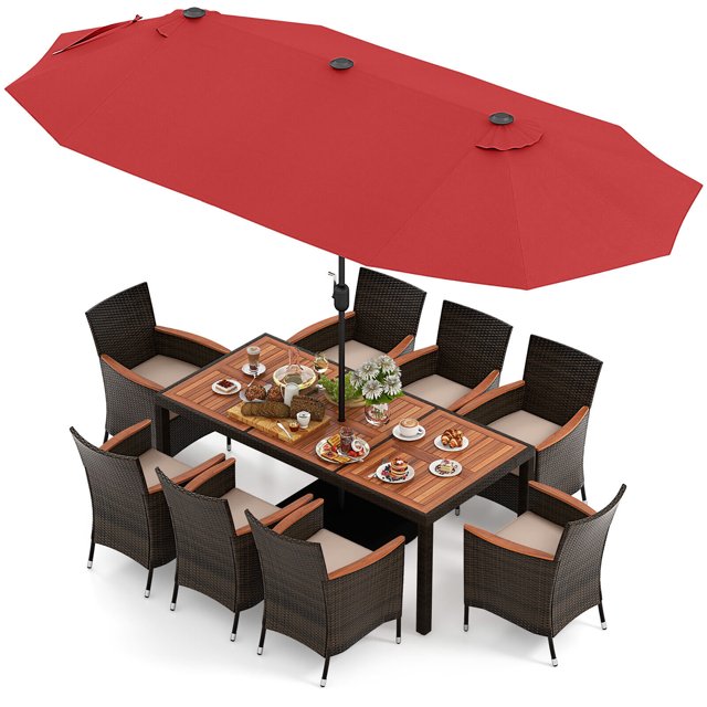 Gymax 9 Piece Patio Wicker Dining Set w/ Double-Sided Patio Wine Umbrella Stackable Chairs