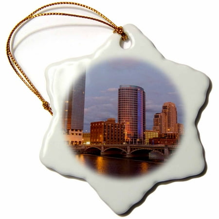 - 3dRose Skyline at dusk, on the Grand River, Grand Rapids, Michigan. USA, Snowflake Ornament, Porcelain, 3-inch