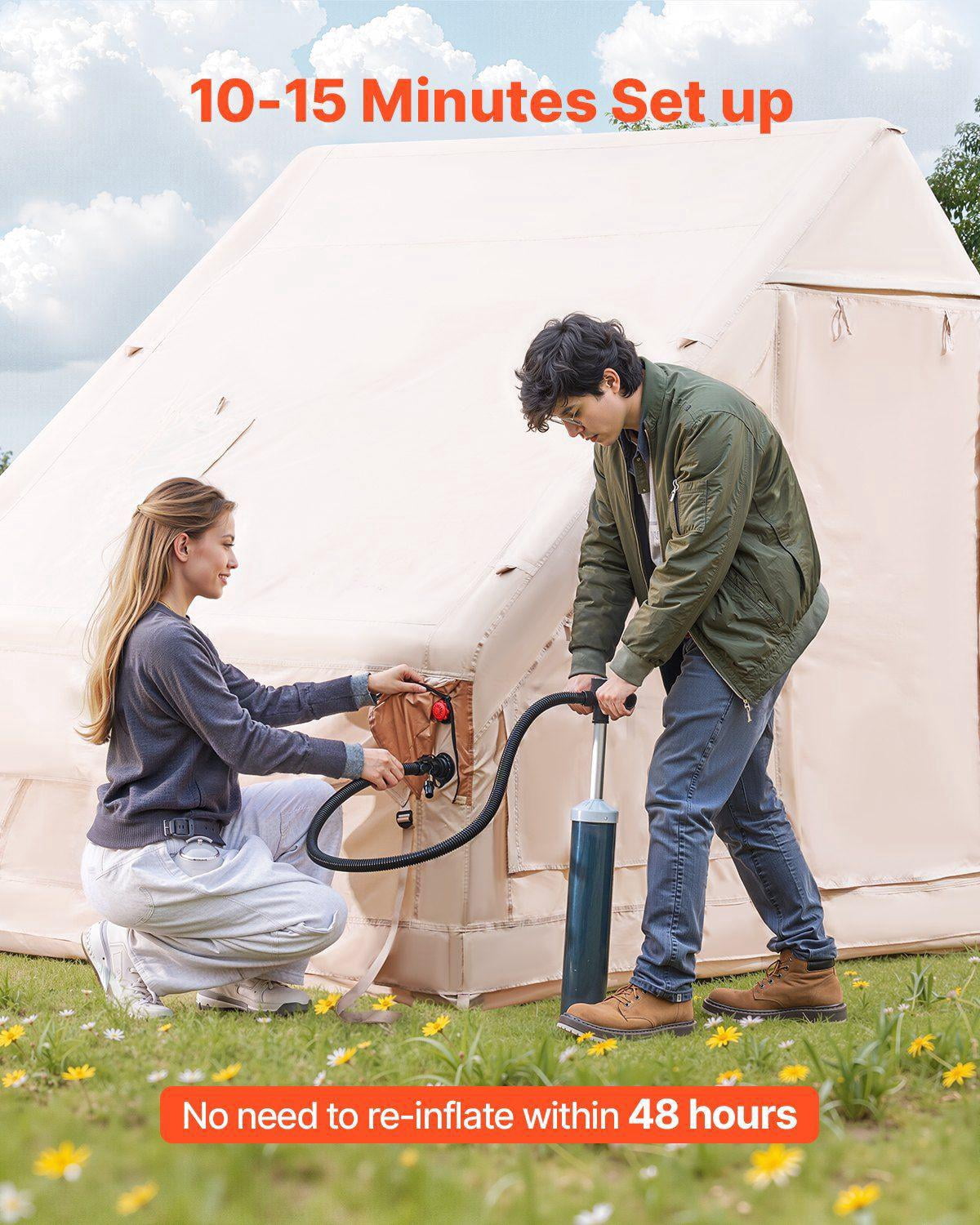 Inflatable 3-5 Person 4-Season Camping Tent – Easy Setup with Hand Pump – 300D Oxford Canopy, Stove Jack, 2 Doors & 2 Mesh Windows – Includes Storage Bag