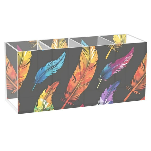 Beautiful Colorful Feather Acrylic Pencil Pen Holder Cup 4 Compartments Desktop Organiser 7.87"x2.78"x3.54"