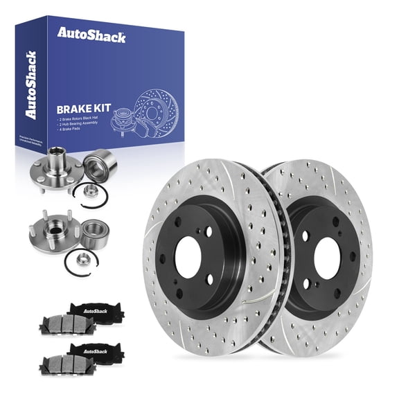 AutoShack Front Vented Drilled & Slotted E-Coated Brake Rotors   Ceramic Pads   Hub Bearing Assembly 8-PC Brake Kit Replacement for 2007-2017 Toyota Camry ShadowGuard 11.65" (296 mm)