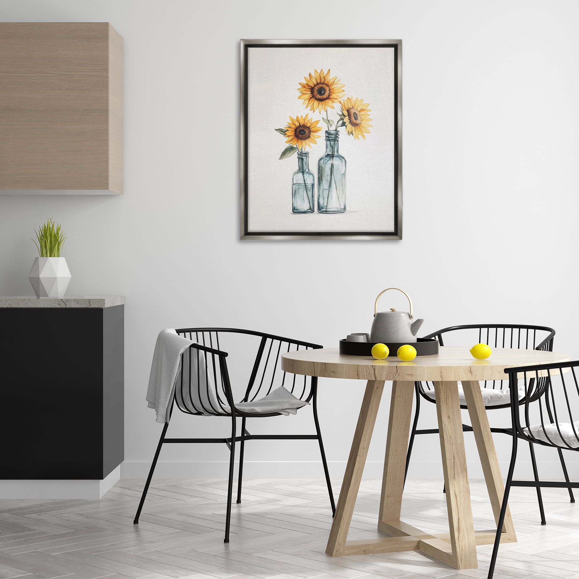 Stupell Industries Sunflowers in Bottles Trio Plants & Flowers Painting Gray Floater Framed Canvas Art Print Wall Art, 25 x 31