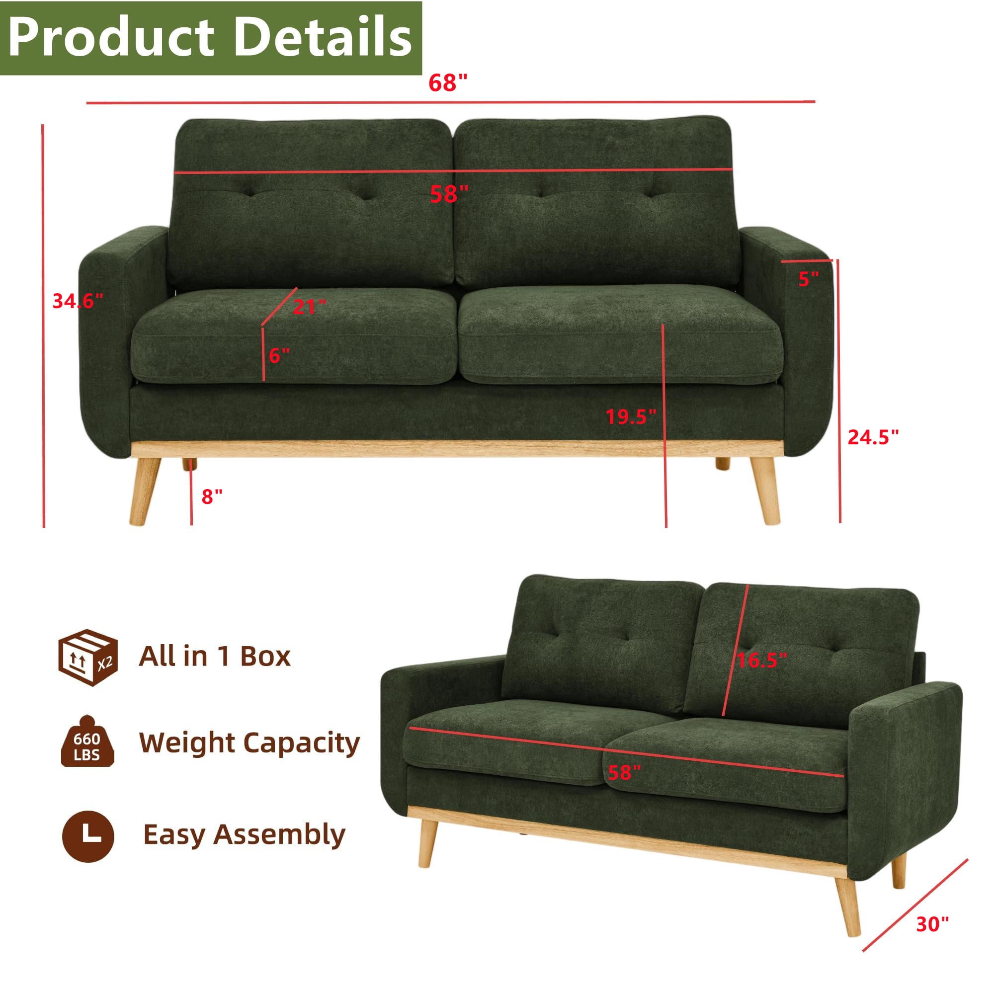 Aukfa 68" Small Sofa Couch Comfy Mid Century Modern Loveseat Sofa for Living Room Bedroom, Green