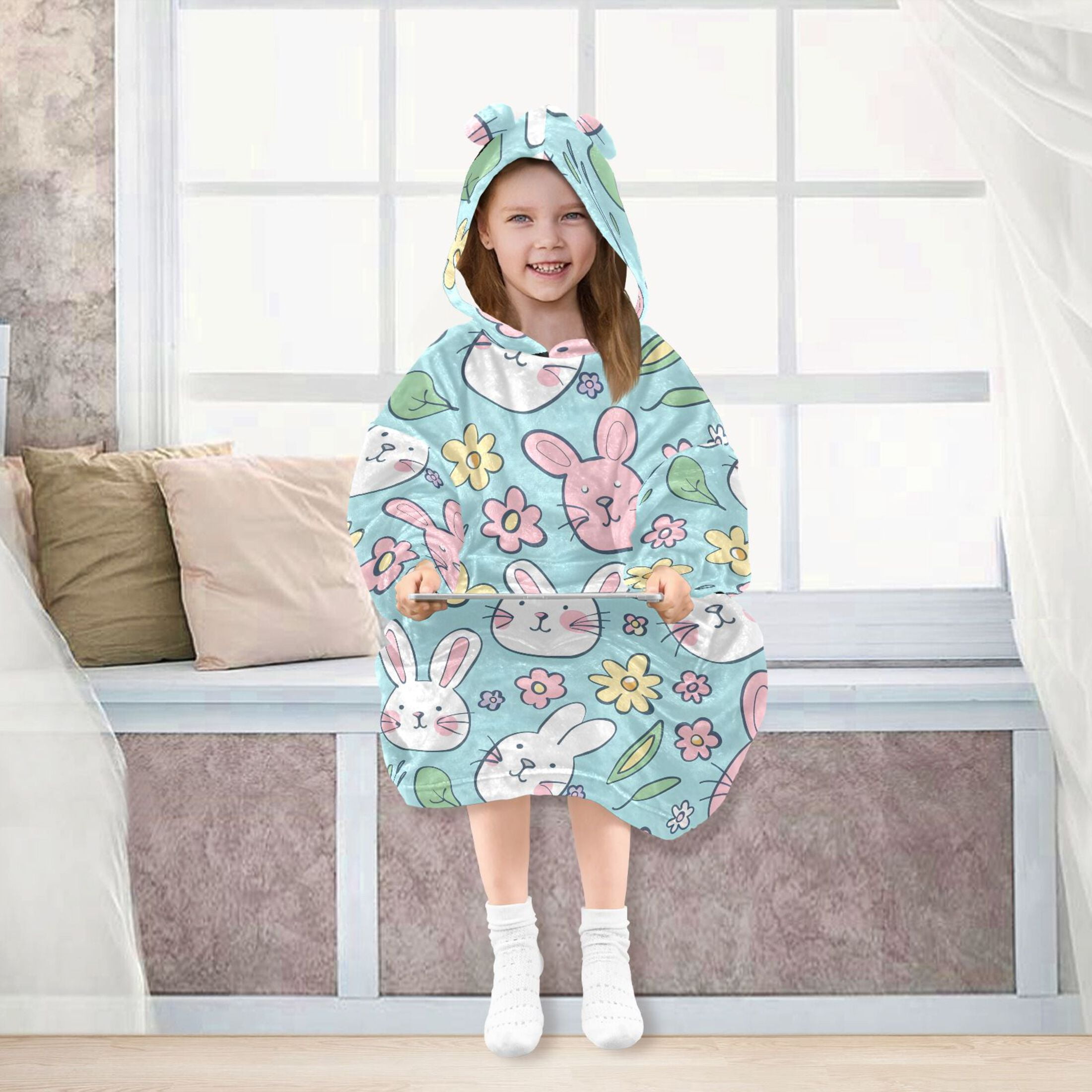 Dailycode Wearable Blanket Hoodie Oversized Sherpa Flannel Blankets with Pocket for 3-14 Year Old Bunny Rabbit and Daisy Flower