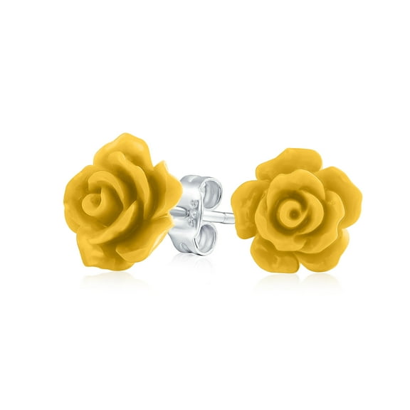 Bling Jewelry Womens Romantic 3D Carved Flower Yellow Rose Stud Earrings Lightweight 10MM