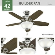 Hunter 42 inch Indoor Ceiling Fan with LED Light - Ceiling Fan with Pull Chain, For Bedroom or Living Room, Standard Mount, No Remote, 5 Blades, Includes Bulbs - Builder 52219, Brushed Nickel