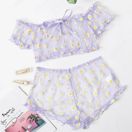 

YDKZYMD Women Multicolour Lingerie with Short Sleeve Top Floral Sexy Pajamas Underwear Large Mesh Lingerie Set 2 Piece Plus Size