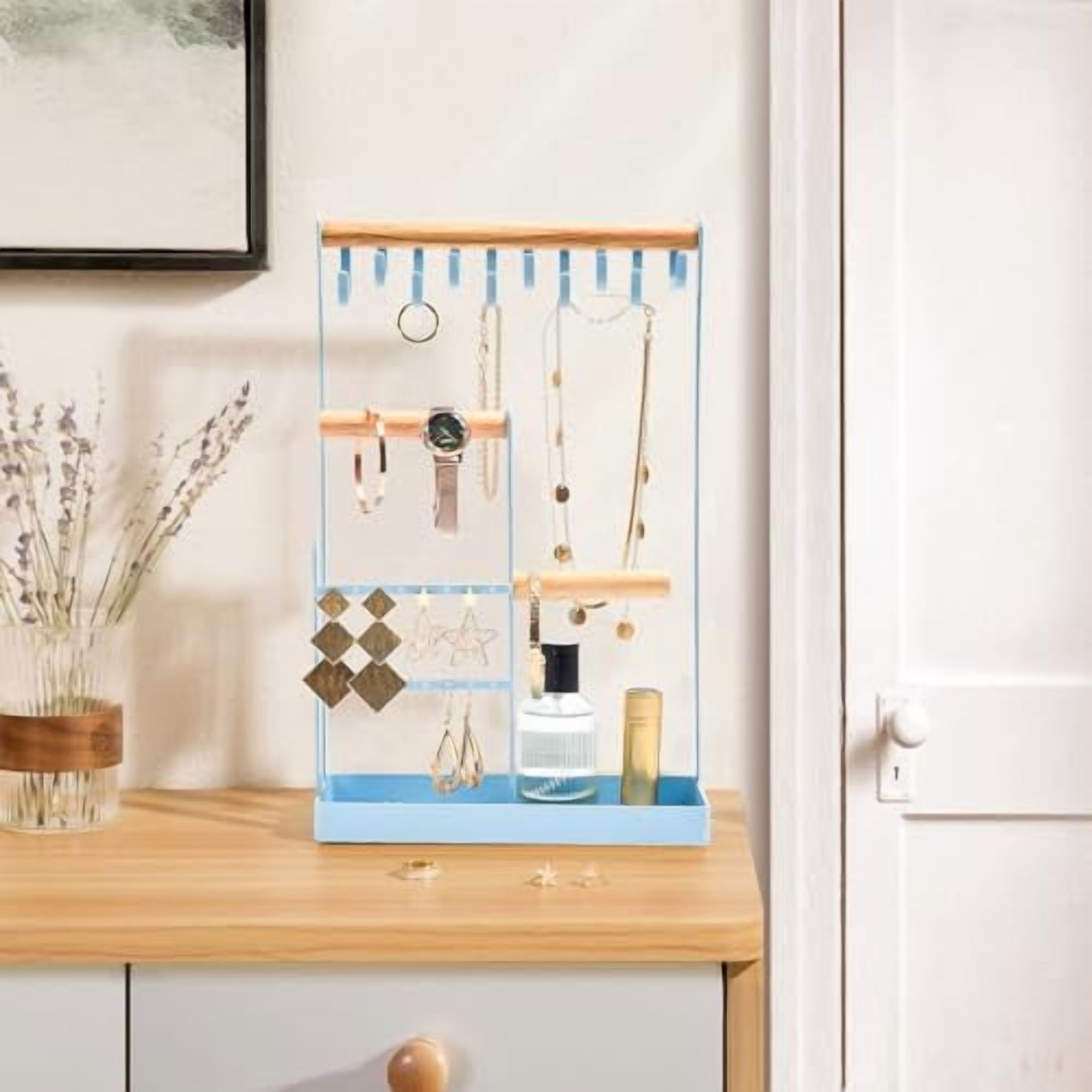 Jewelry Stand Holder Organizer, 4-Tier Necklace Holder with Ring Tray, 10 Hooks Necklaces Hanging Small Jewelry Display Storage Tower Tree for Bracelets Earrings Watches -Medium, Blue
