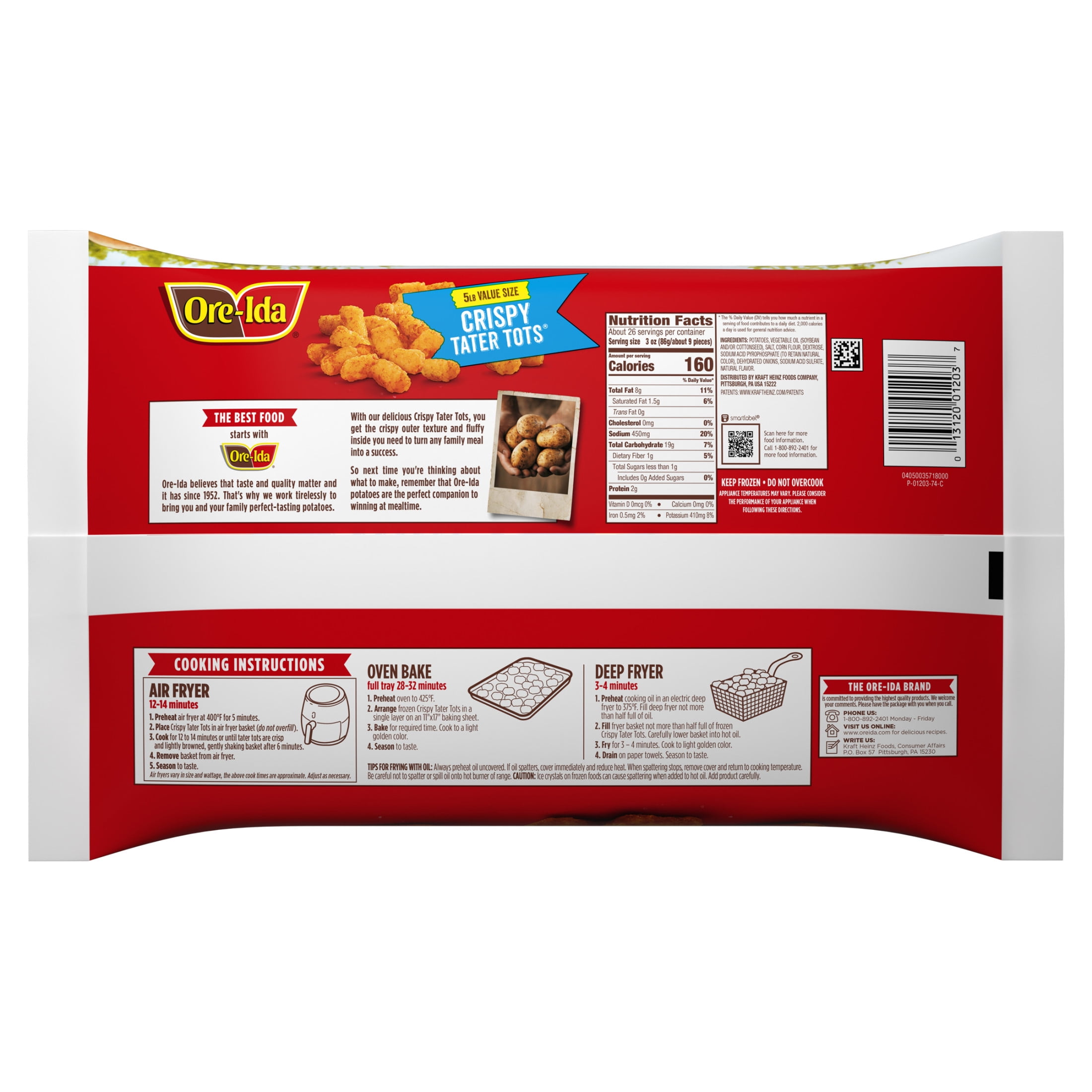 Ore-Ida Crispy Tater Tots Seasoned Shredded Frozen Potatoes, 1 Value Size Bag, for Easy Snacks and Dinner Sides, Gluten-Free, 5 lb