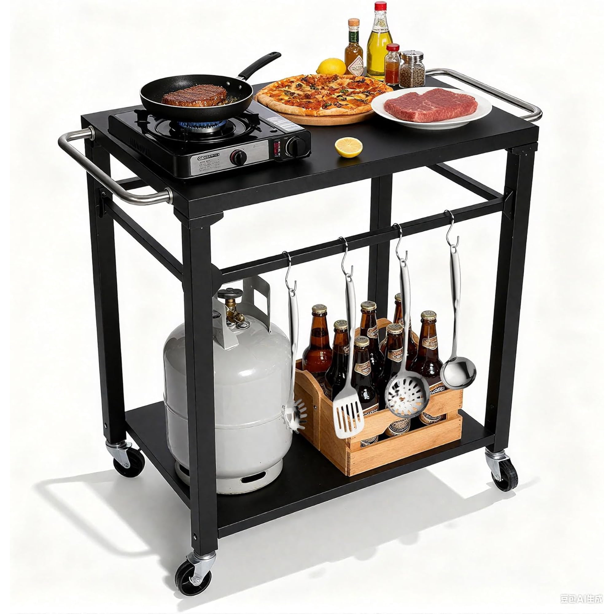 Rolling Dining Table with Stainless Steel Top, for Outdoor BBQ, Grill, Kitchen, and Food Prep in Garden or Patio