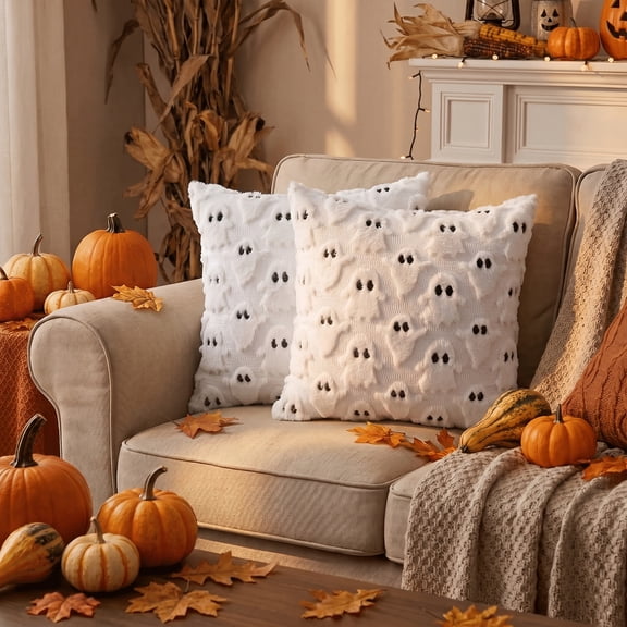 Sm:)e Big Small Ghost Halloween Throw Pillow Covers 20x20 Inch, Soft Plush Faux Fur Embroidered Decorative Cushion Covers for Sofa Home Decor