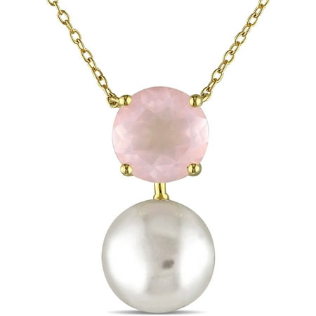 Tangelo 11.5-12mm White Cultured Freshwater Button Pearl and 3-3/8 Carat T.G.W. Rose Quartz Yellow Rhodium-Plated Sterling Silver Drop Necklace, 19
