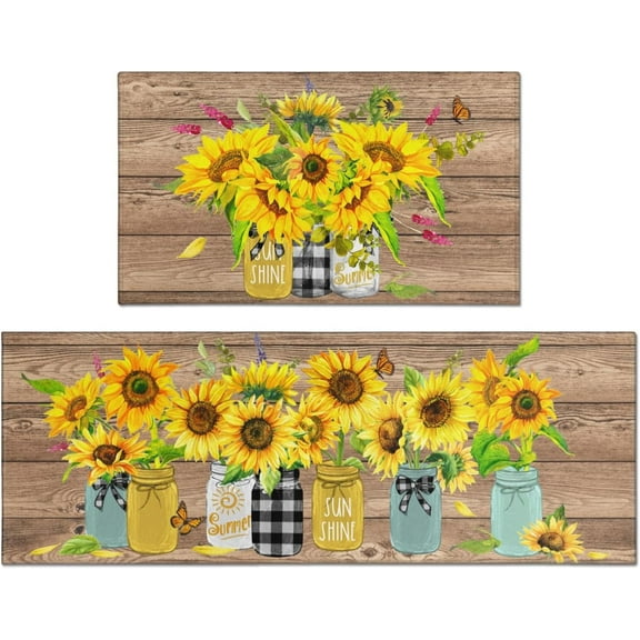 Sunflower Kitchen Rugs Set of 2,Farmhouse Style Kitchen Decor Sunflower Kitchen Mat Non-Slip Washable, Sunflower Kitchen Decor Anti Fatigue Floor Mat for Kitchen Sink Laundry Room, 17x30 17x47 Inch