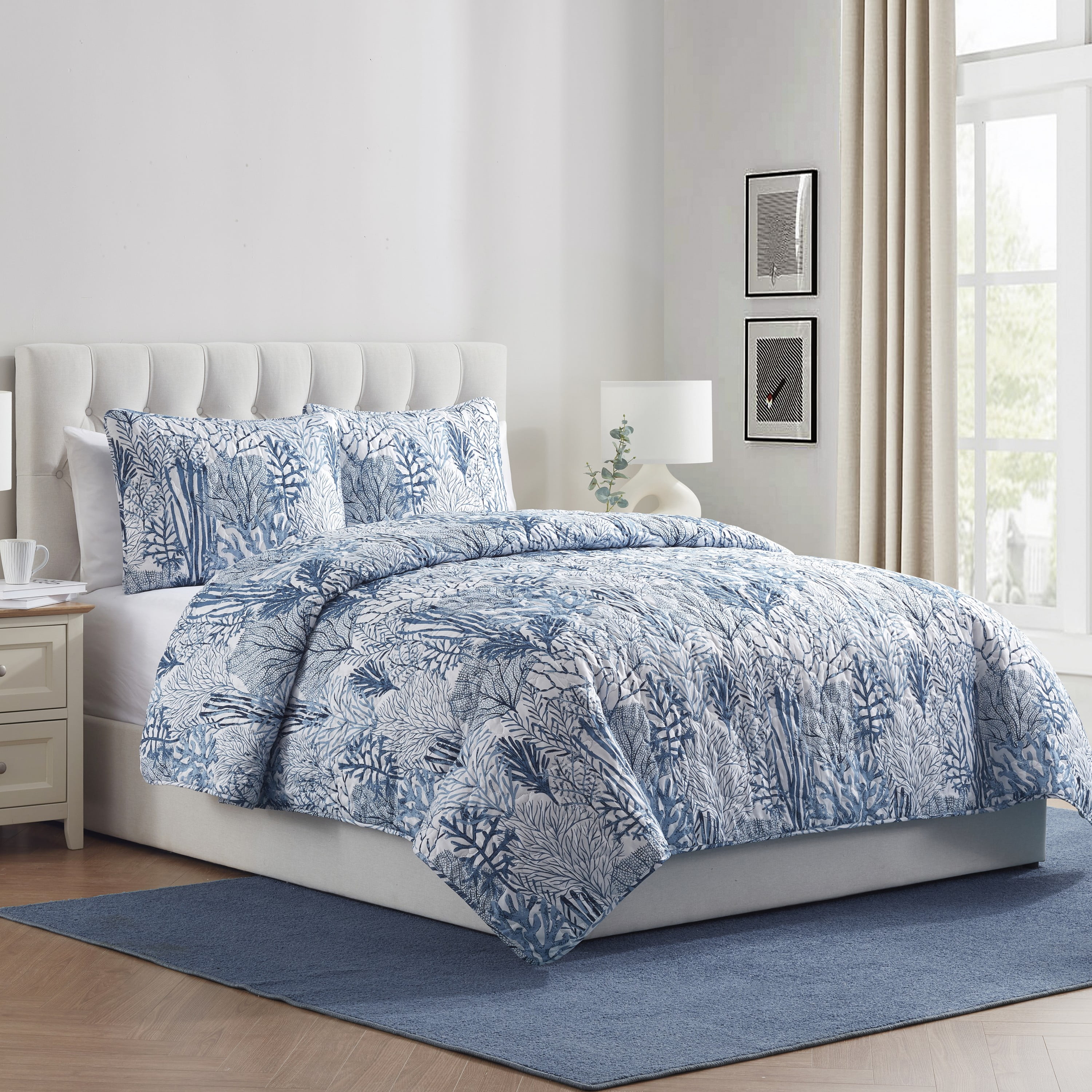 VCNY Home Gill Coastal 3-Piece Blue Printed Sea Plants Quilt Set, Full/Queen, Adult, Unisex