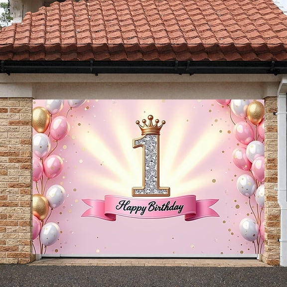 Pink Theme 1st Birthday Banner Gold Crown Display Glitter Number 1 Princess Style Sparkle Celebration Banner for 1st Birthday Party Baby Girl Celebration Photo Shoot Backdrop