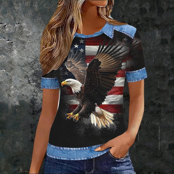 Xdegoge American Flag Tee for Women Collared Short Sleeve Flying Eagle Faded Graphic Tops Vintage Patriotic Summer 4th of July Festival Loose Fit Printed Shirt