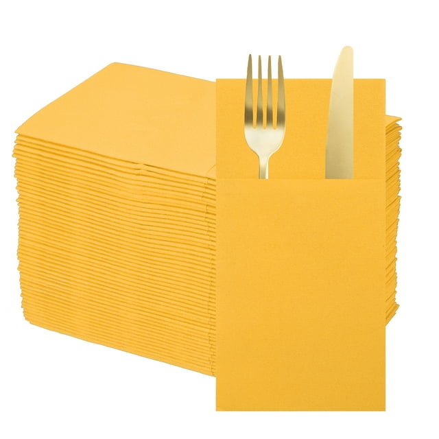 50 Pcs Servilletas Desechables con Sensación de Lino y Bolsillos para Cubiertos Incorporados, Servilletas de Papel para Cuchillo y Tenedor Amarillo