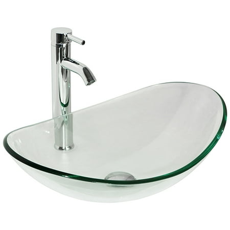Oval Natural Clear Tempered Glass Bathroom Vessel Sink w/ Faucet & Drain (Best Bathroom Sink Drain Unblocker)