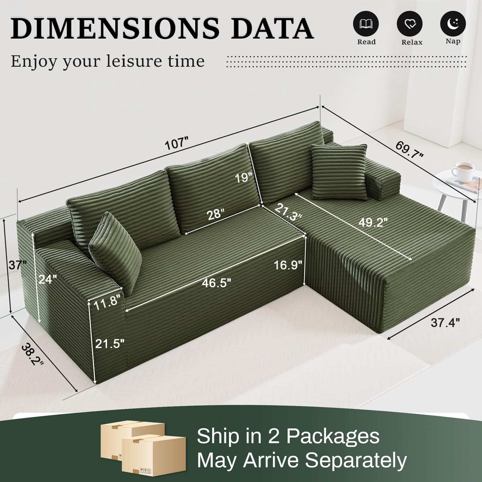 Aukfa 107" Cloud Modular Sectional Couch with Right-Facing Chaise, Corduroy Deep Seat Boneless Sofa for Living Room, Apartment, Green