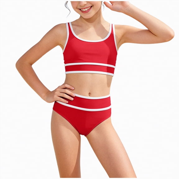 Bosanter Swimsuit For Girls 2 Piece Bathing Suit Striped Solid Swimsuit Set Cute Bikini Swimwear, Red 8-9Y
