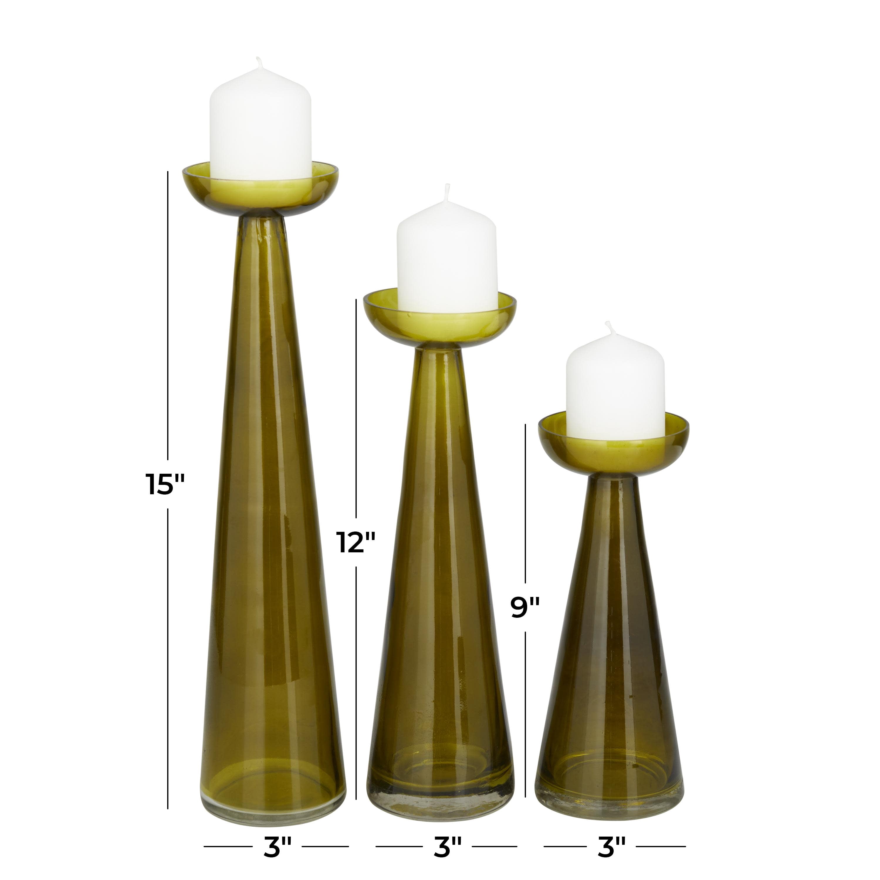 DecMode 3 Candle Green Glass Pillar Candle Holder, Set of 3