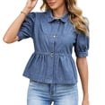thumbnail image 2 of Karymi Womens Workout Tops Denim Peplum Blouse, Collar Short Sleeve Button-Down Shirt, Puff Sleeve Ruffled Hem Babydoll Top Short Sleeve Shirts for Women, 2 of 8