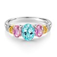 thumbnail image 2 of Gem Stone King 925 Sterling Silver and 10K Yellow Gold Oval Blue Apatite Pink Sapphire and White Diamond 3 Stone Ring for Women (2.43 Cttw, Gemstone Birthstone, Size 6), 2 of 3