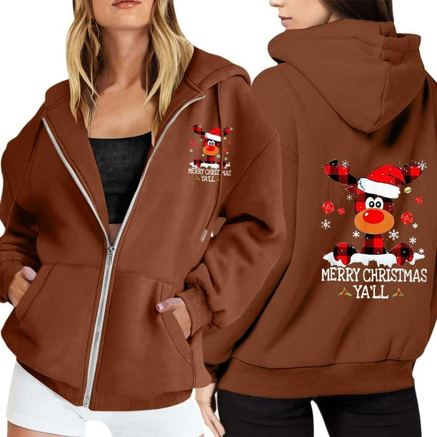 WILLBEST Sudadera con Capucha para Mujer, Estilo Casual, con Estampado Navideño, Cremallera, Manga Larga, Bolsillo y Cordón Ajustable XX-Grande