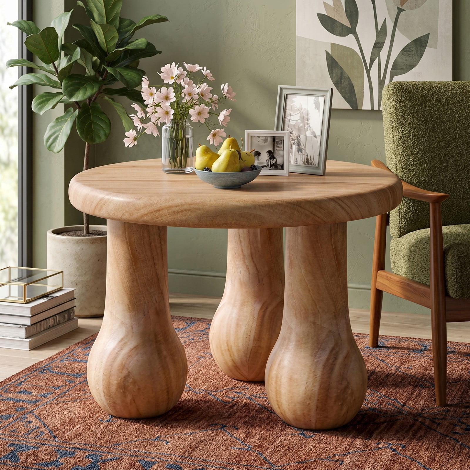 Furnibear 24 Inch Small Solid Mahogany Wood Coffee Table with Thickened Tabletop and Column Legs for Living Room, Square Center Accent Table, 110 lb Capacity, Natural