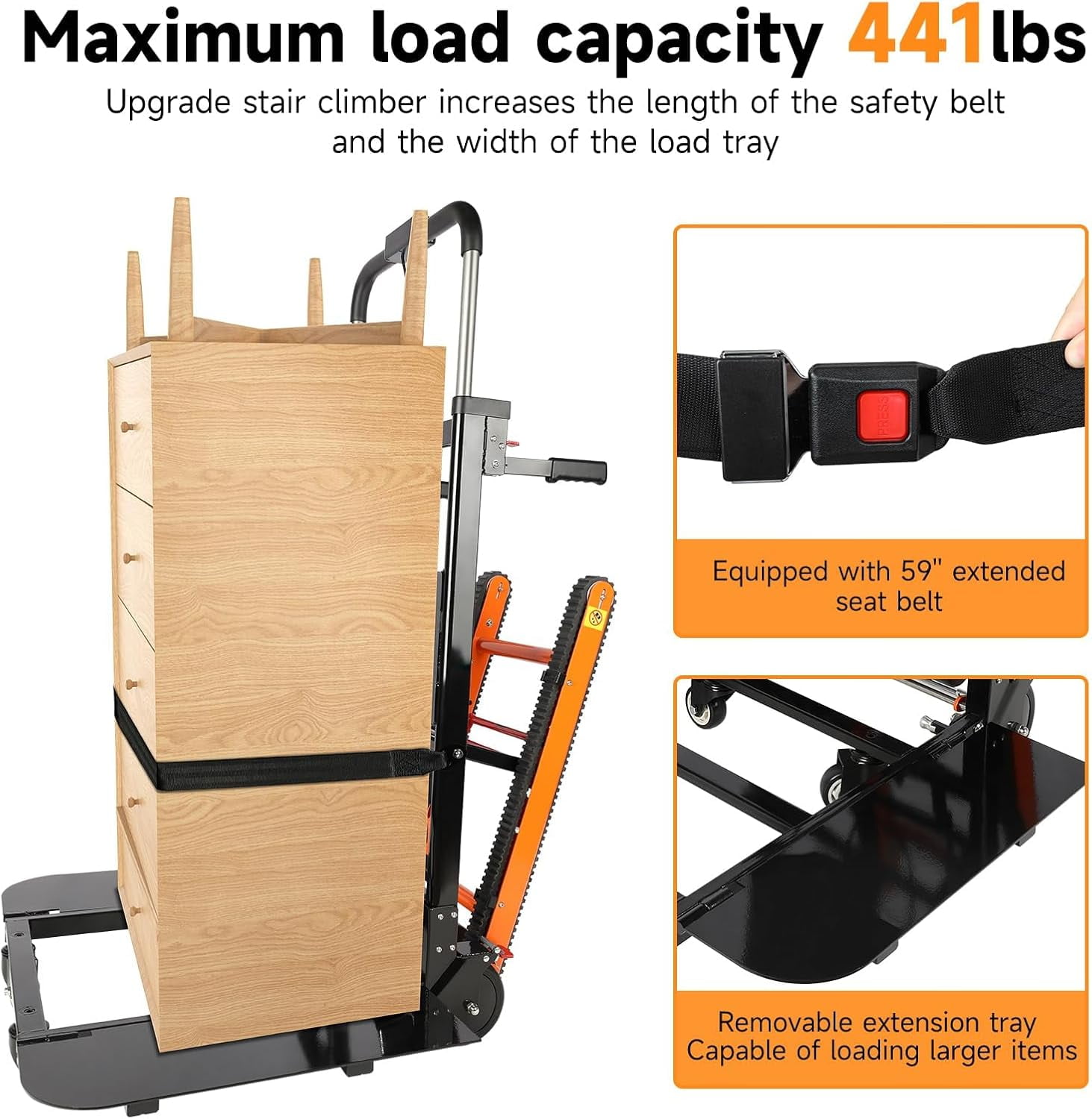 Electric Stair Climbing Hand Trucks with Removable Extension Tray, 440lbs max Load Capacity Folding Stair Climbing Dolly Takes 1500 Steps Stairs with Rubber Tracks for Easy up/Down Stairs