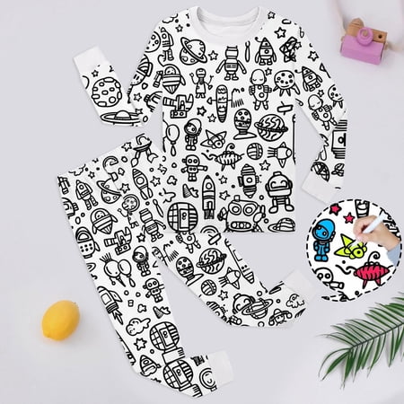 Kids Pajamas Set Kid Diy Hand Painted Homewear Set Long Sleeve Pullover Top With Pajamas Pants For Boys Girls Fashion Pajamas Set Can Play With And Wear 3-4 Years