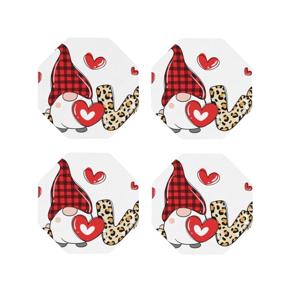 Vsdgher Love Gnomes Print Leather Coasters for Drinks, Durable Drink Coasters 4 Set for Tabletop Protection, Luxurious Home Décor and Housewarming Gift-Octagon