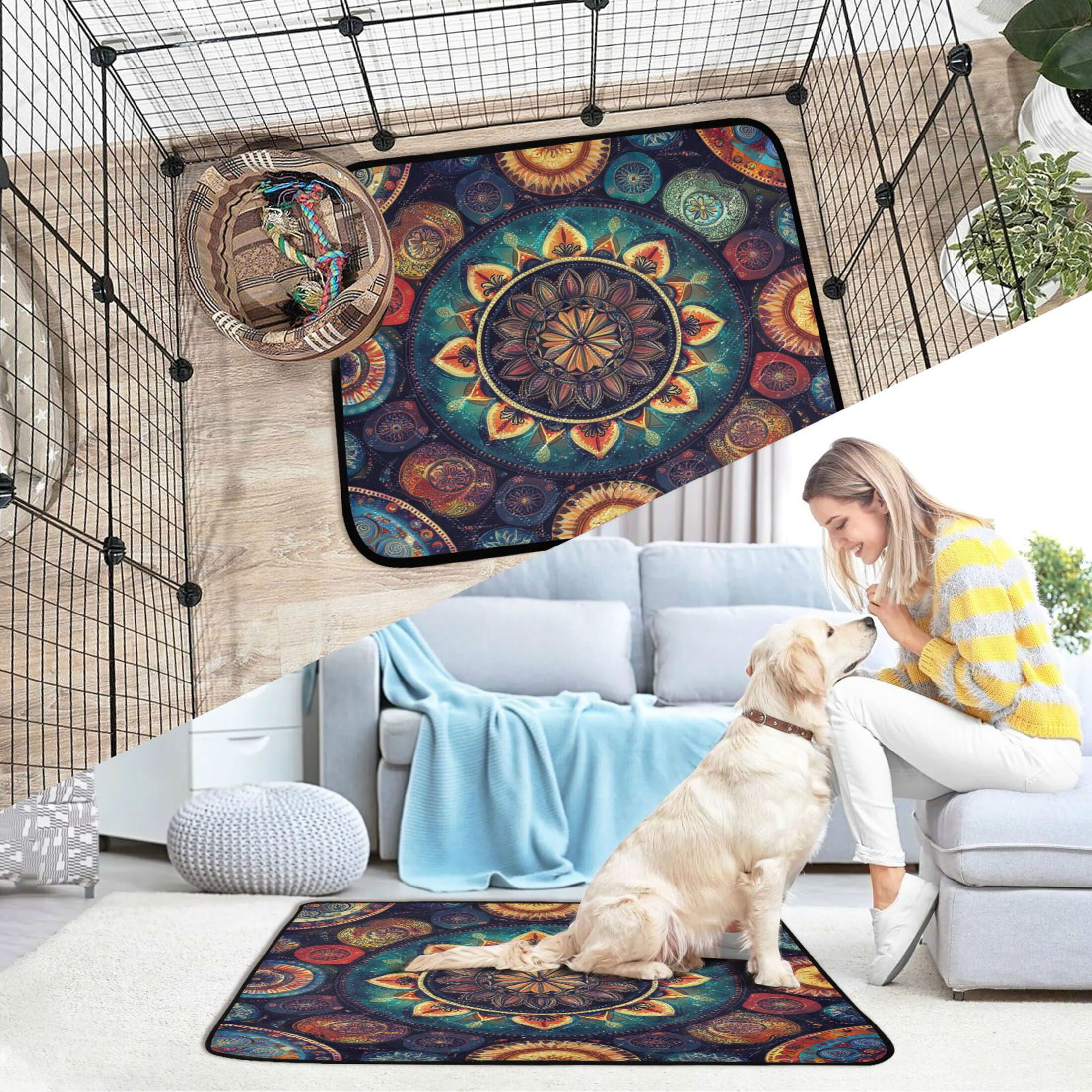 Qxltty Colorful Boho Patterns Cat litter Pads Pet Set of 2 Diaper Mats Center Anti-leakage Layer Absorbent Soft and Comfortable
