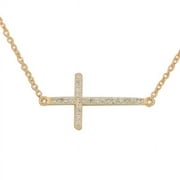 925 Sterling Silver Rose Gold-Tone Sideways Cross White CZ Pendant Necklace