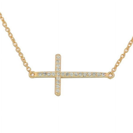 925 Sterling Silver Rose Gold-Tone Sideways Cross White CZ Pendant Necklace