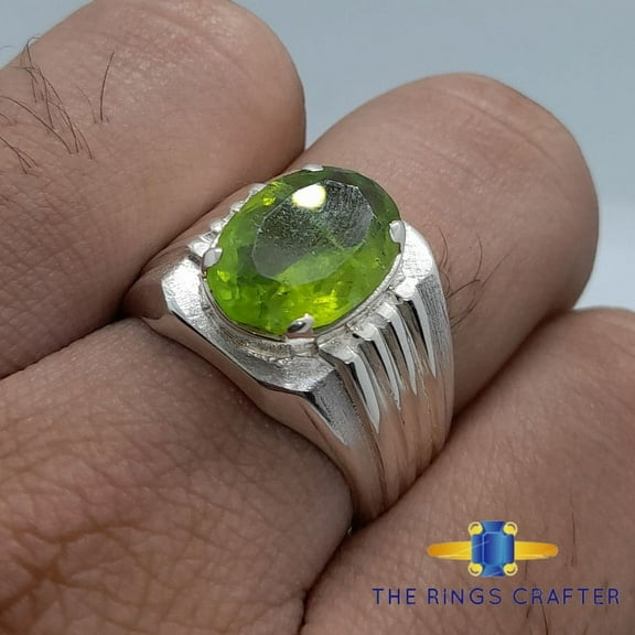 Oval Cut Deep Fresh Green 17 Carat Peridot Mens Ring Sterling Silver 925 Handmade Green Beryl Ring