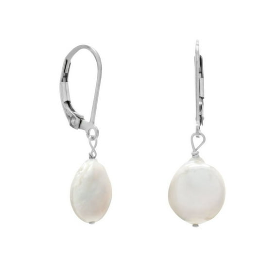 White Coin Cultured Freshwater Pearl Earrings Sterling Silver Leverback