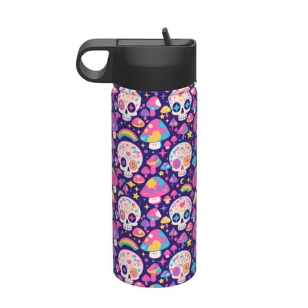 

Adobk cute rainbow mushroom Skull Print Water Bottle 18oz Sports Insulated Kettle for Cycling Gym Basketball Outdoor Suitable as a Present