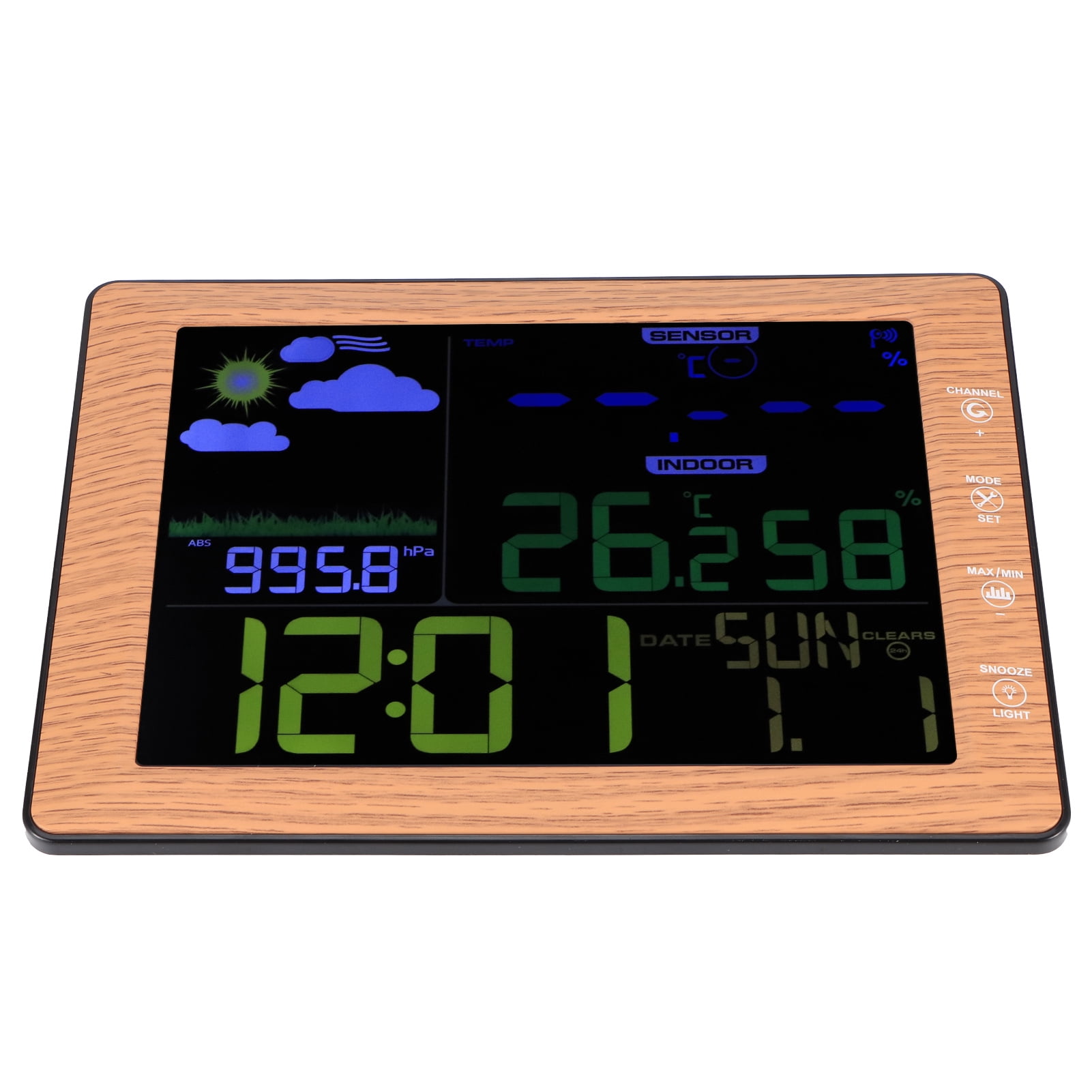 BIMZUC Wireless Weather Forecast Station Color Screen Alarm Clock Wood Color Digital Thermometer Hygrometer Indoor Outdoor Sensor, 8.5x6.3x0.8 inches / 21.5x16x2 cm